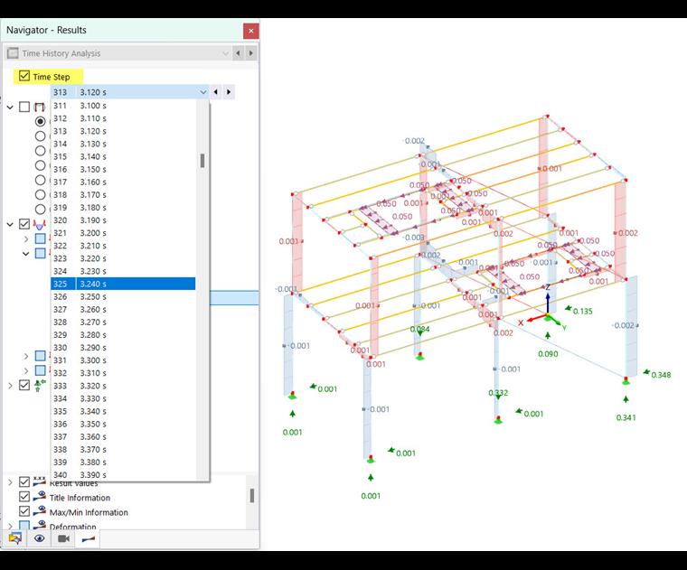 Selecionar passo de tempo e mostrar esforços internos de barra