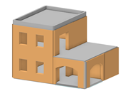 Modelo 3D de um edifício com paredes de alvenaria e lajes de betão armado para análise estática.