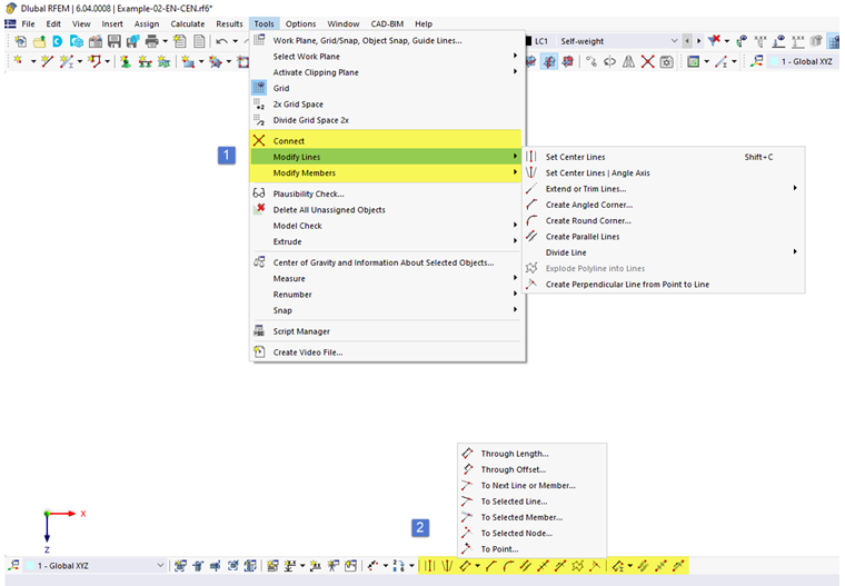 Ferramentas de modelação no menu "Ferramentas" e botões na barra de ferramentas CAD