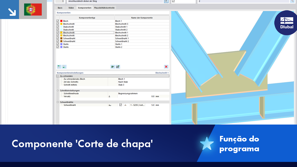 Detalhe de secção de perfil com desenho técnico e elementos de ligação