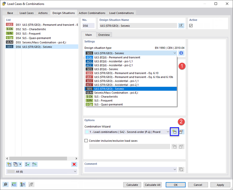 Criar uma situação de dimensionamento sísmico ULS