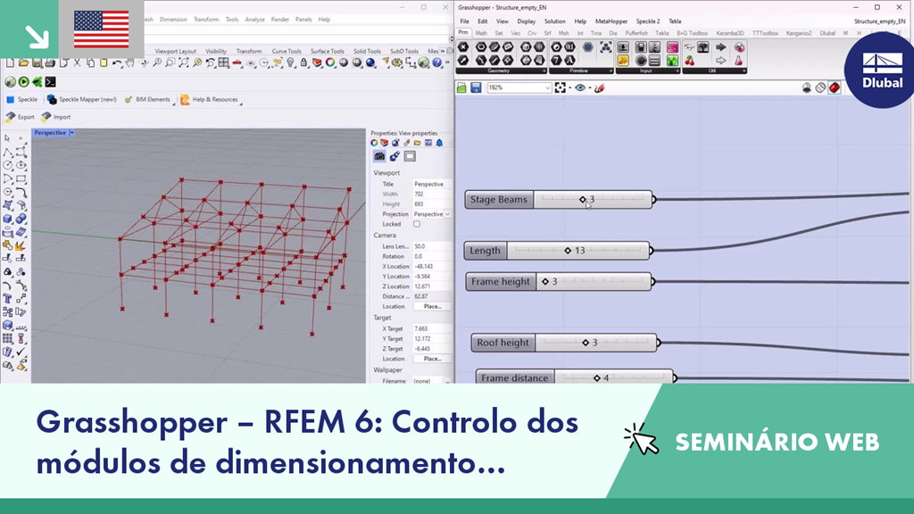 Demonstração de controlo de módulos de dimensionamento do RFEM 6 utilizando templates Grasshopper para otimização de estruturas.