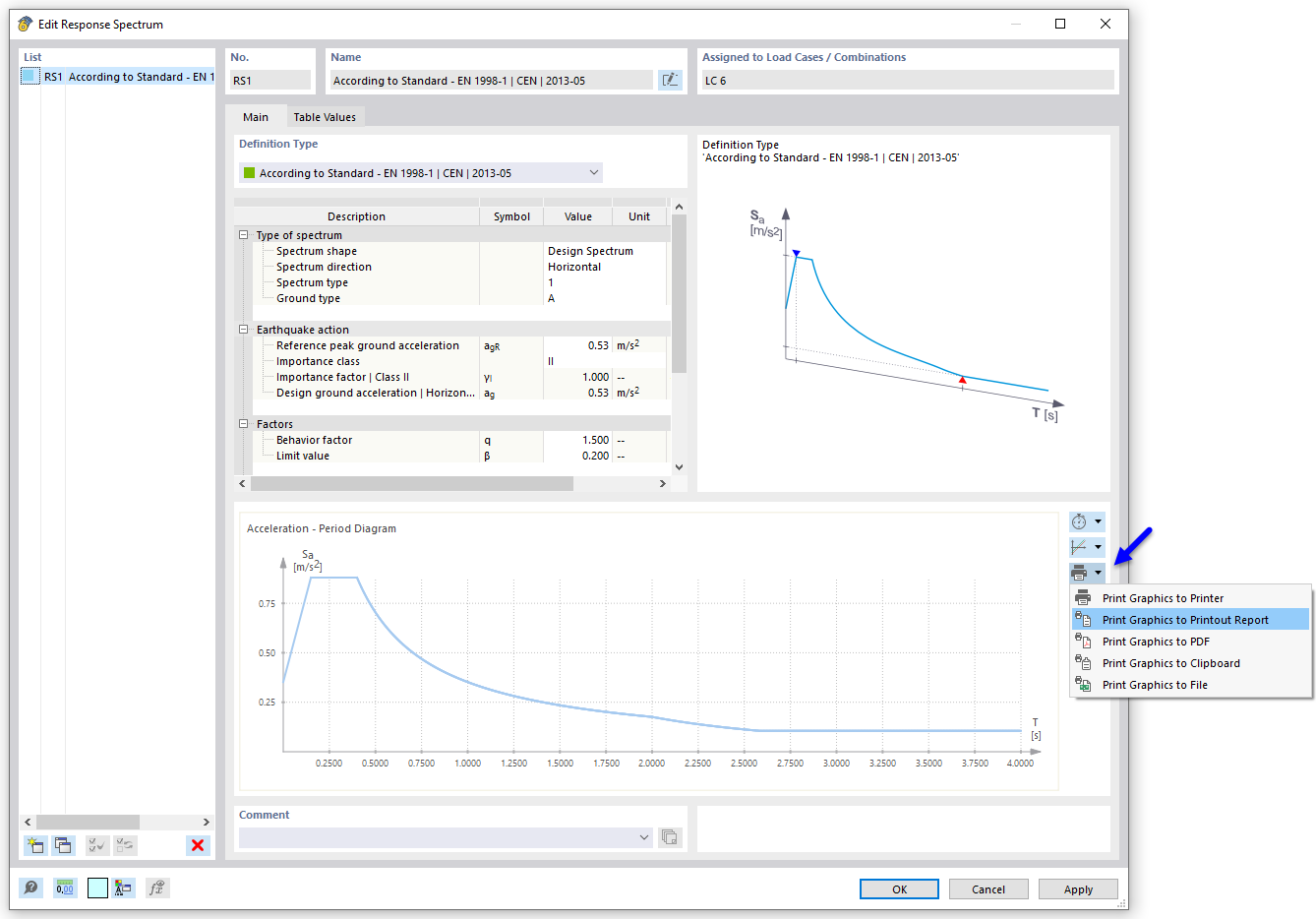 Imprimir espectro de resposta no relatório de impressão