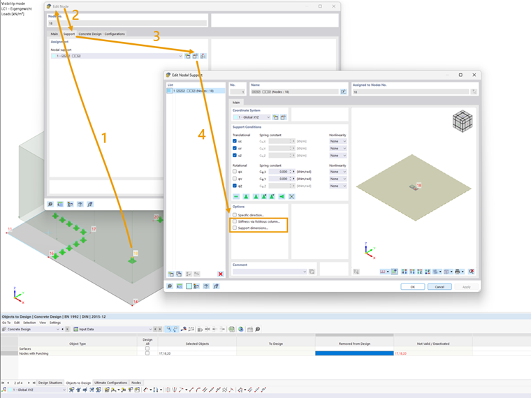 FAQ 005472 | Na tabela dos objetos a serem dimensionados no módulo Dimensionamento de betão, os nós de punçoamento estão listados na coluna inválido/desativado, apesar de
