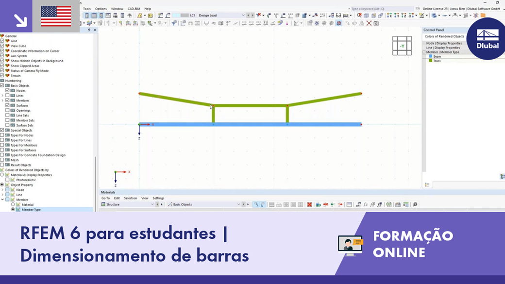 Sessão de formação online sobre o RFEM 6 focada no dimensionamento de barras para estudantes em engenharia de estruturas.