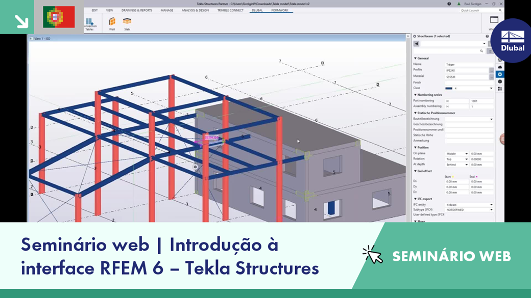 Interface de integração do RFEM 6 com o Tekla Structures demonstrada num seminário web focado na colaboração entre plataformas.