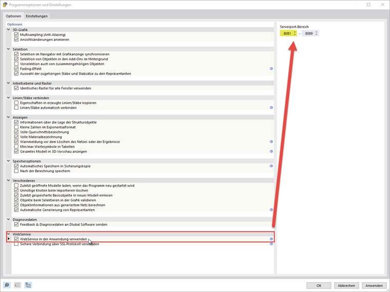 Alcance da porta do servidor no RFEM 6