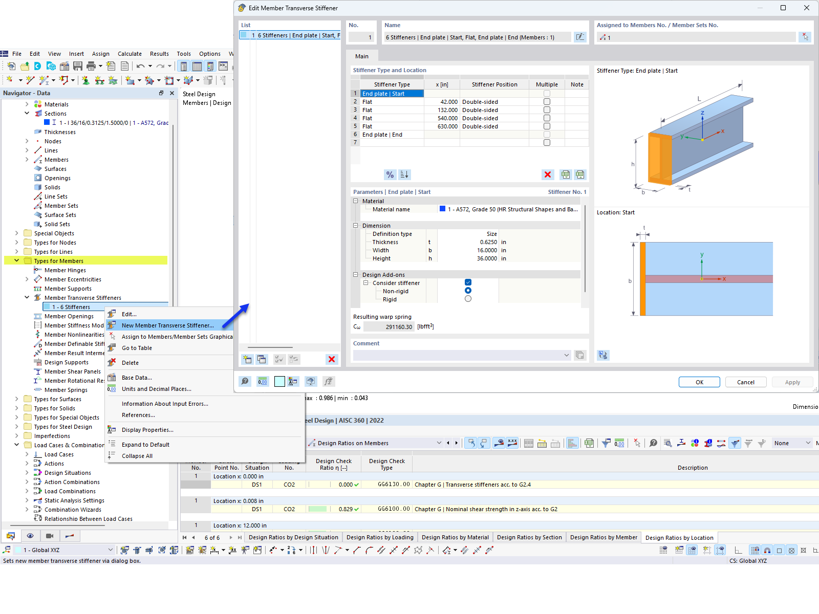 KB 001883 | Dimensionamento de vigas de alma cheia de acordo com a AISC 360-22 no RFEM 6