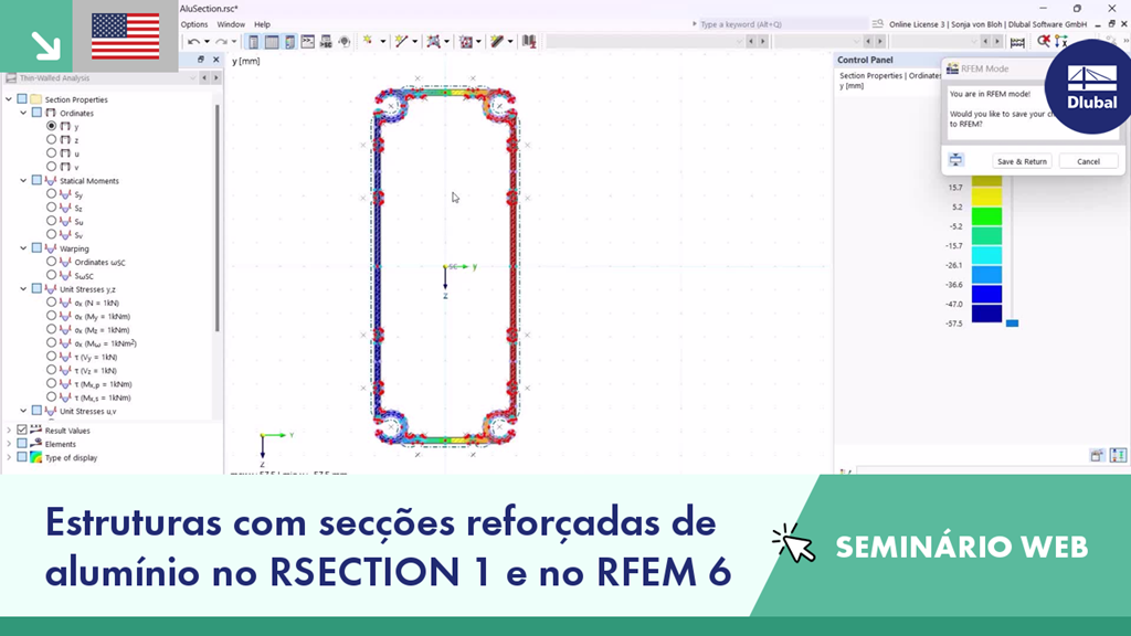 Ilustração da análise de secções de alumínio reforçadas no RSECTION 1 e RFEM 6 utilizada num seminário web de engenharia.
