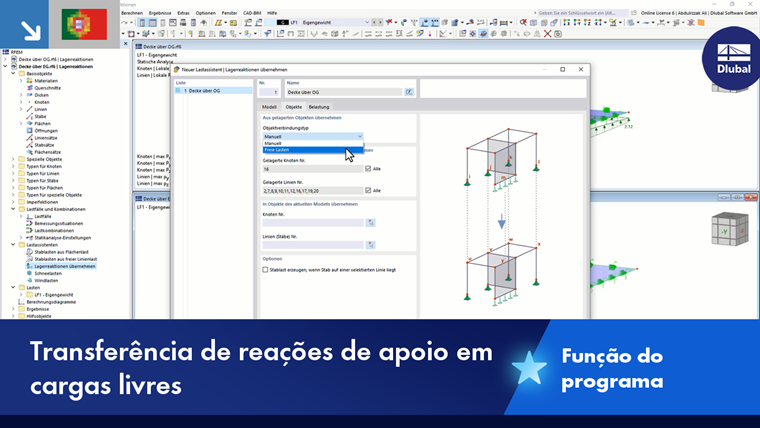 Visualização da transferência das reações de apoio para cargas livres em estruturas.