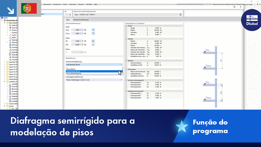 Representação da modelação de uma laje de piso com um diafragma semirrígido para simular deformações reais da estrutura.