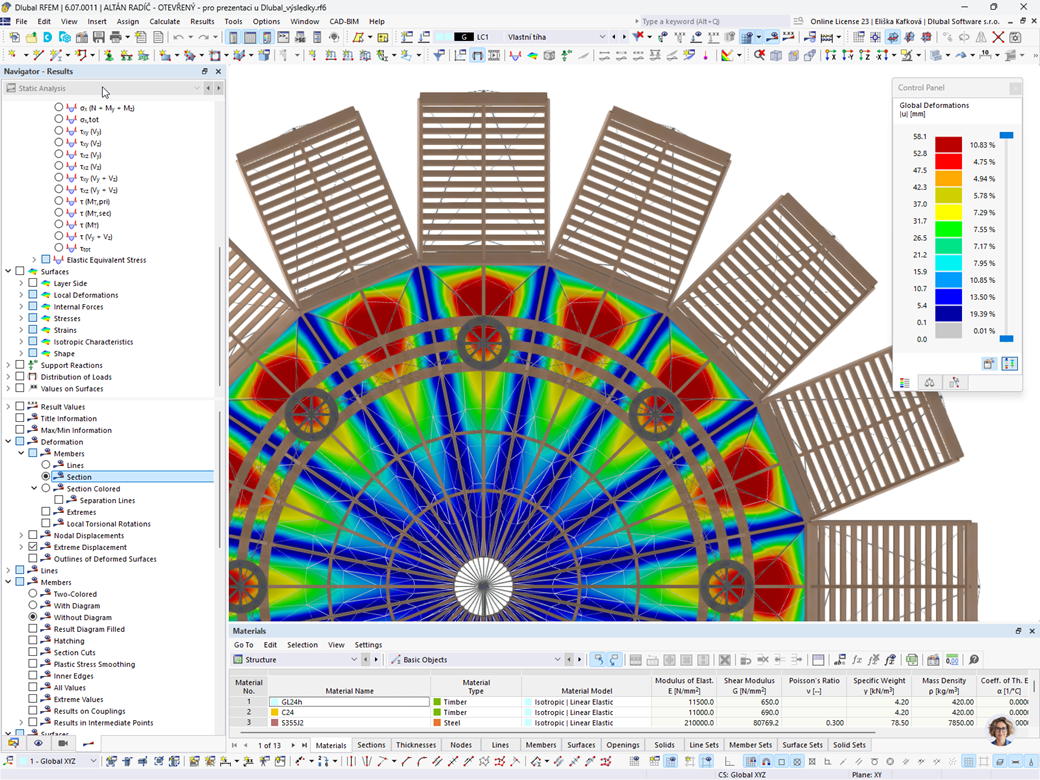 Modelo do RFEM 6 | Estrutura de madeira do pavilhão cinético no Castelo de Radíč, República Checa