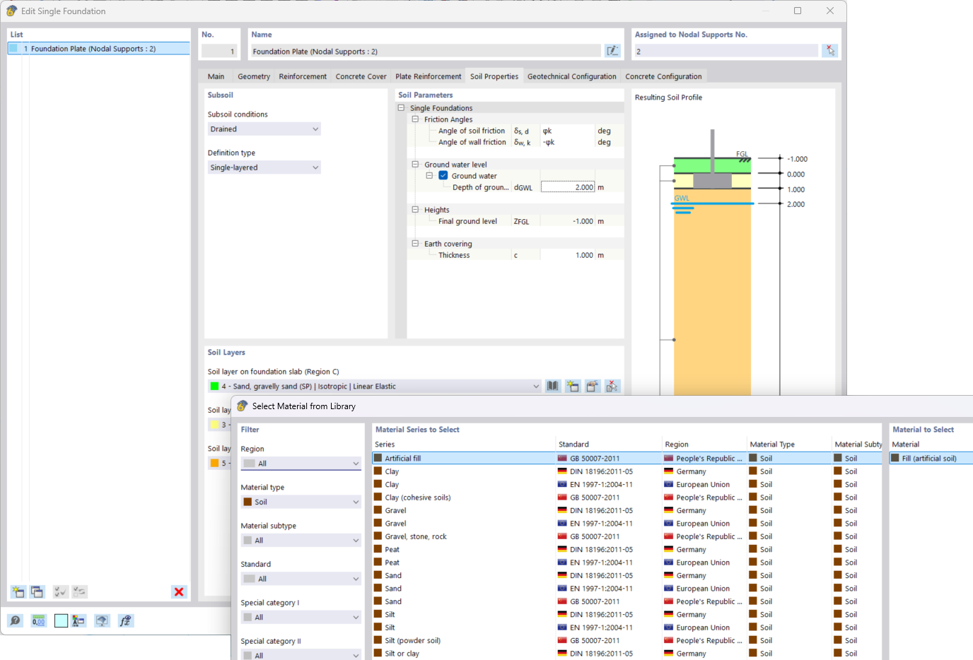 Seleção de materiais do solo para fundações de betão na biblioteca de materiais de um software de construção.