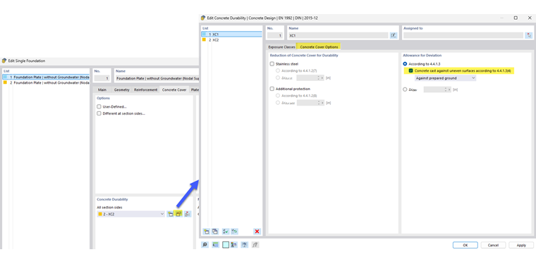 Representação de medidas de cobertura para fundações de betão com foco na precisão estrutural.