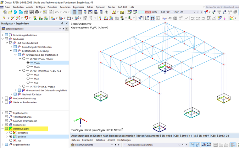 Visualização de fundações de betão em diferentes estilos de representação gráfica para análise e projeto.