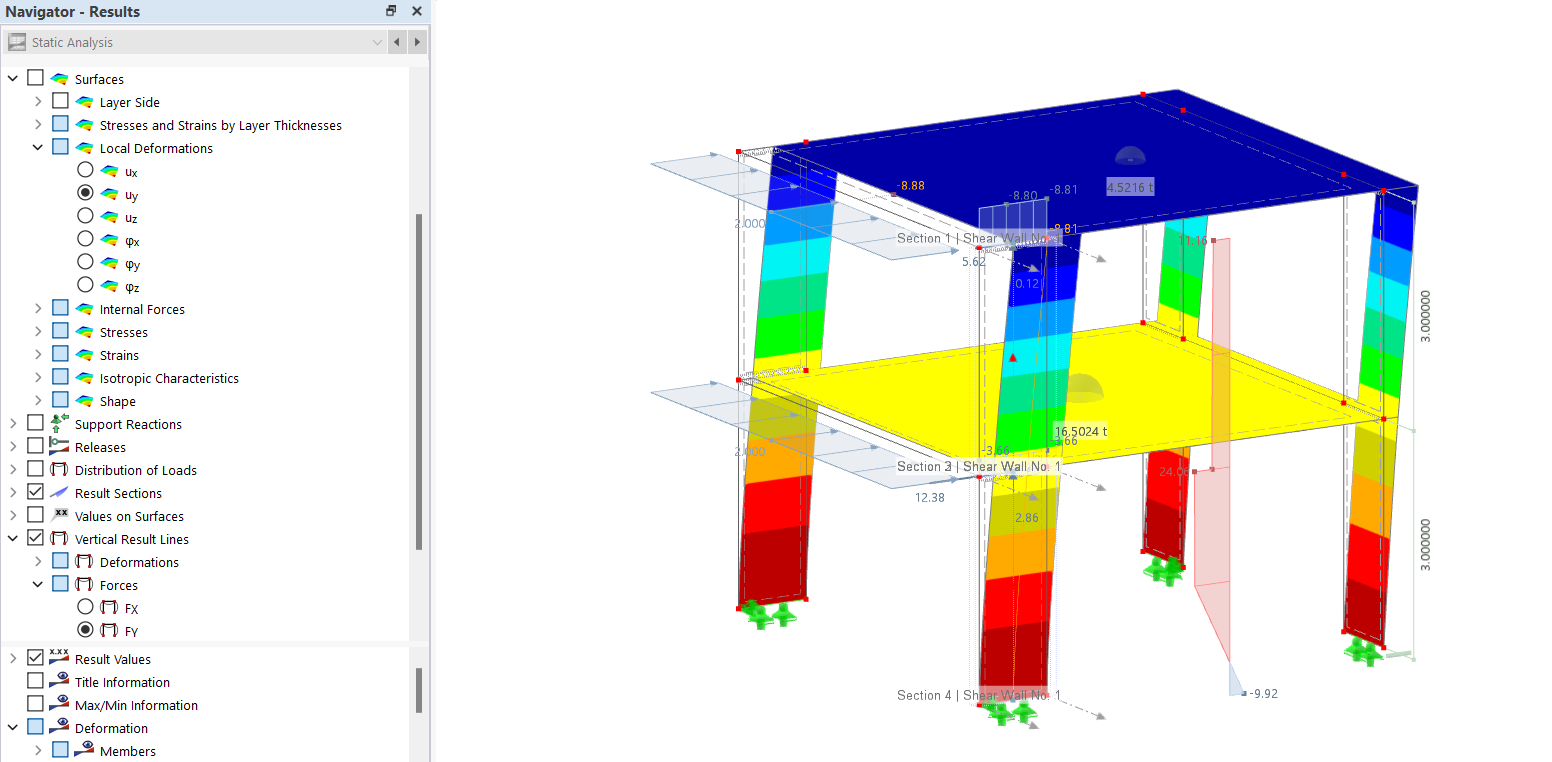 Linhas de resultado vertical mostram progressões de resultados no modelo do edifício