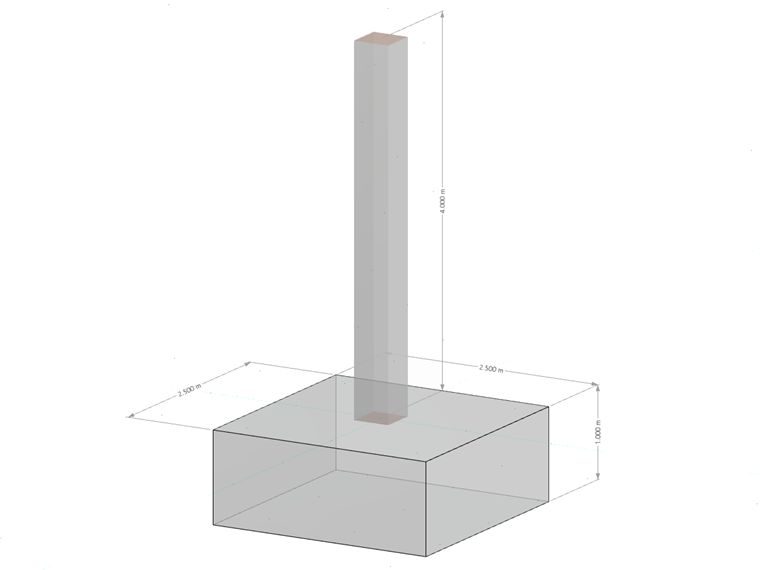 Fundação de betão quadrada com pilar de aço central, representada em desenho de construção.