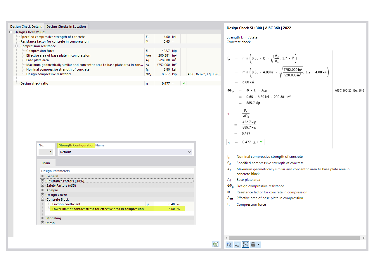 Detalhes de verificação de um bloco de betão mostrando a vista das secções de avaliação estrutural.