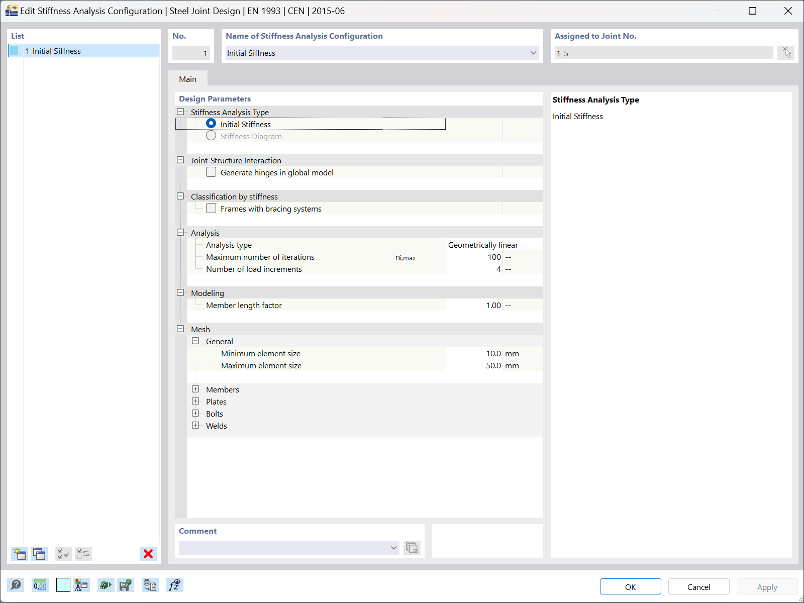 Análise de rigidez inicial: parâmetros de dimensionamento apresentados no software.