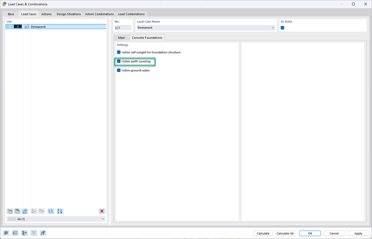 Ativação da consideração automática de sobrecarga em fundações de betão