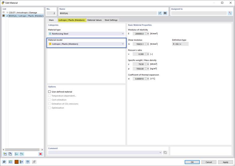 Aço de armadura com modelo de material "Isotrópico | Plástico (barras)" – Imagem 1/2: Atribuir modelo de material