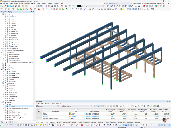O modelo do RFEM 6 mostra as ampliações estruturais do Vilstalhalle em Vilsbiburg.