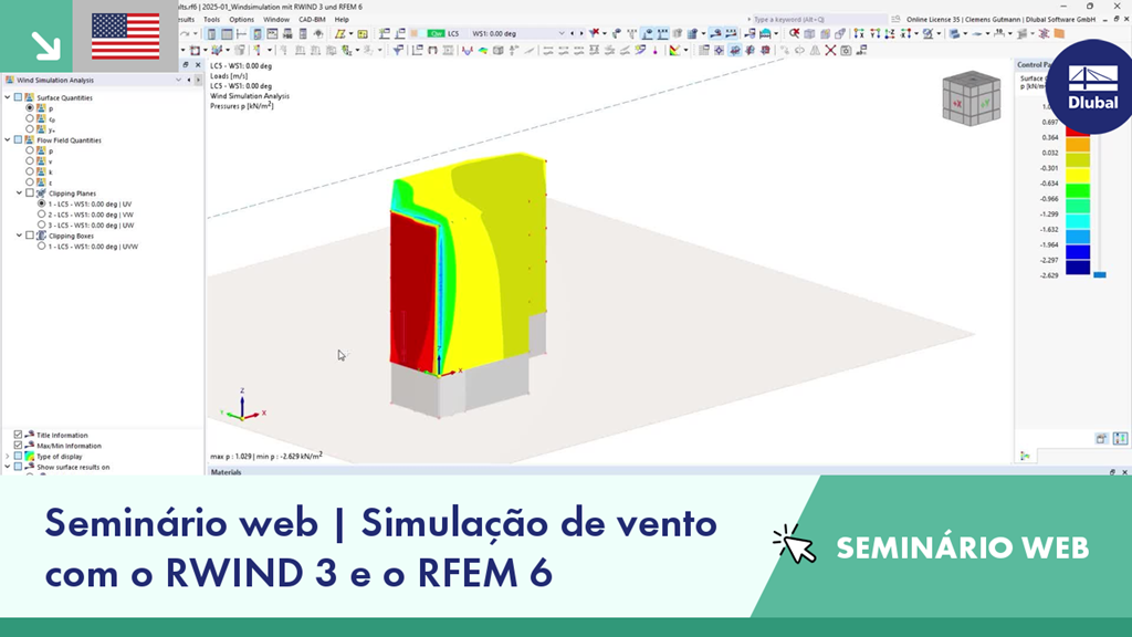 Webinar graphic featuring wind simulation with RWIND 3 and RFEM 6 technologies.