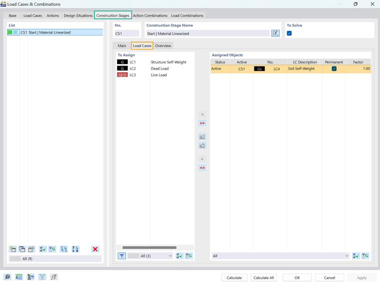 RFEM 6 casos de carga para análise de fases de construção