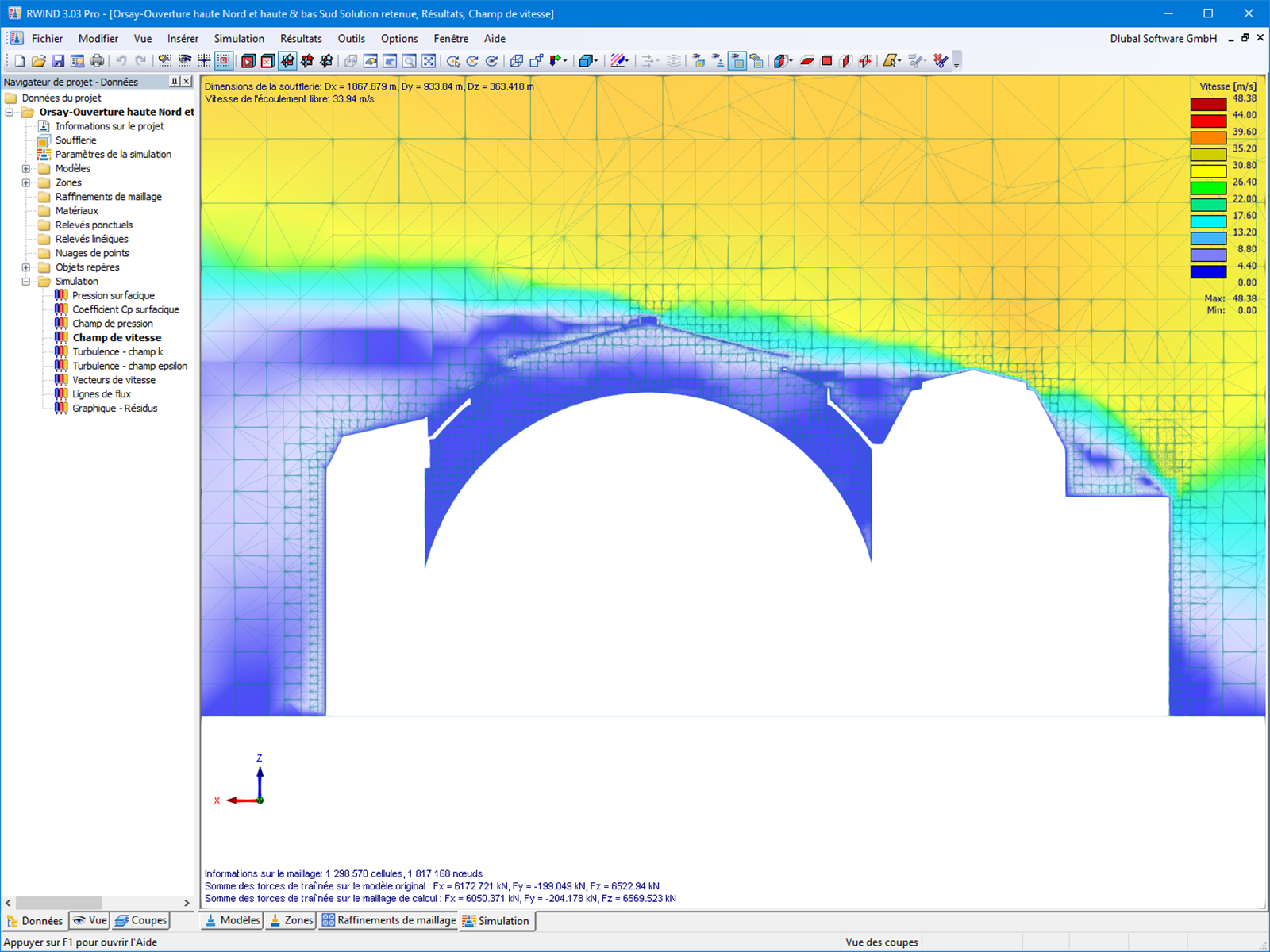 Modelo do Museu d’Orsay | Vista de perfil na simulação de velocidade do vento