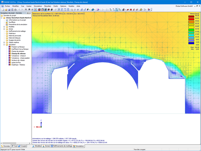 Modelo do Museu d’Orsay | Vista de perfil na simulação de velocidade do vento