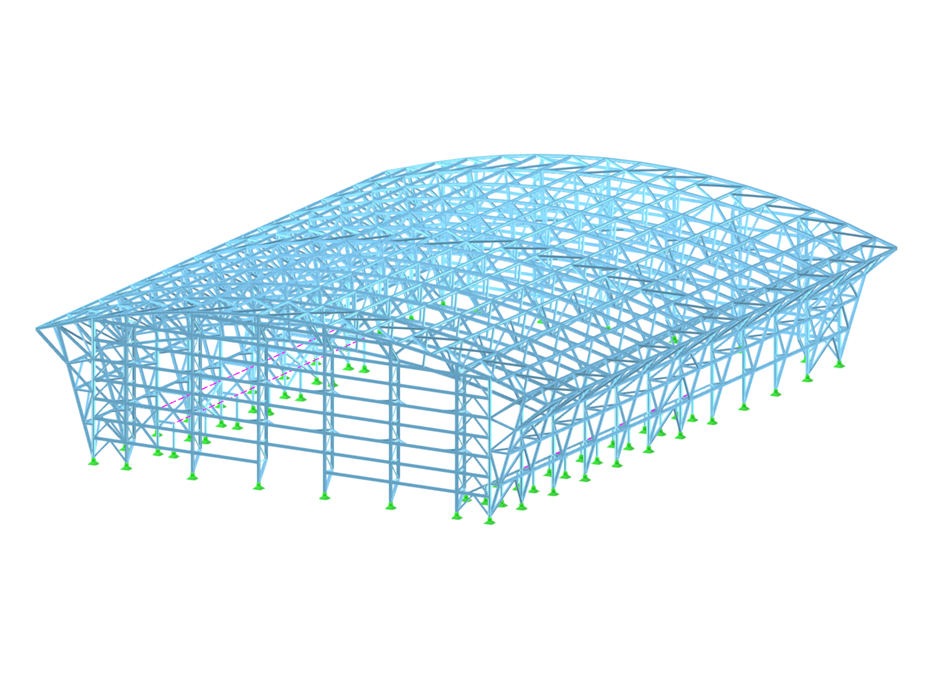 Modelo RFEM de estrutura de aço de pavilhão desportivo com planta retangular e bancadas