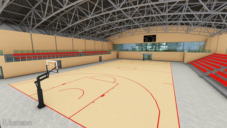 Visualização interior de pavilhão desportivo com estrutura de aço e seus detalhes.