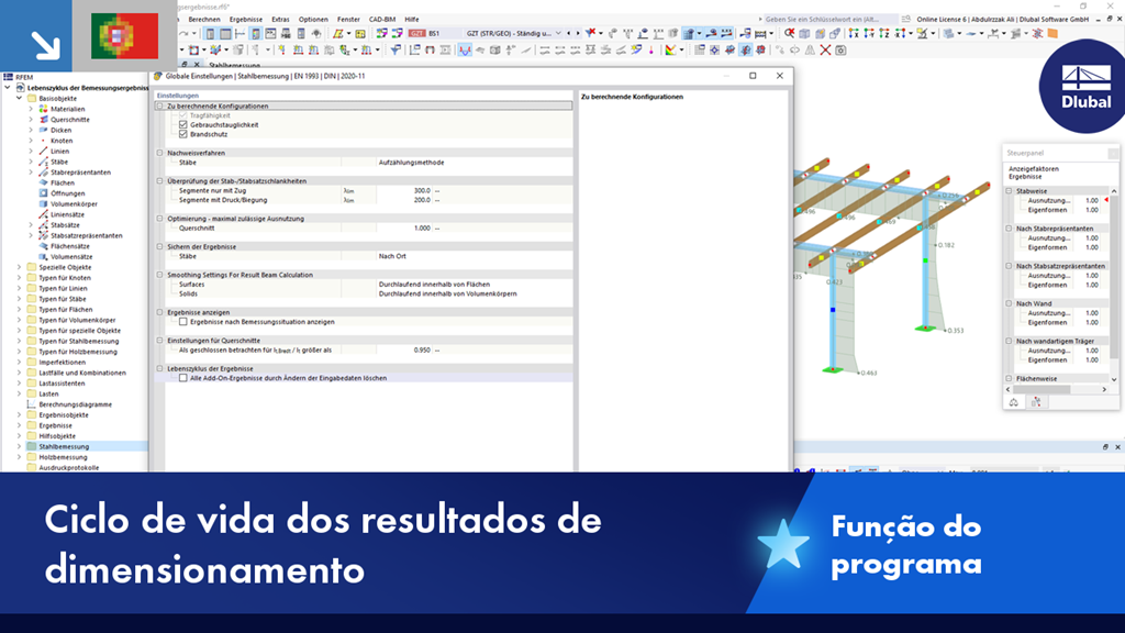 Função de programa de ciclo de vida dos resultados de dimensionamento para aço, ligações de aço, alumínio e madeira
