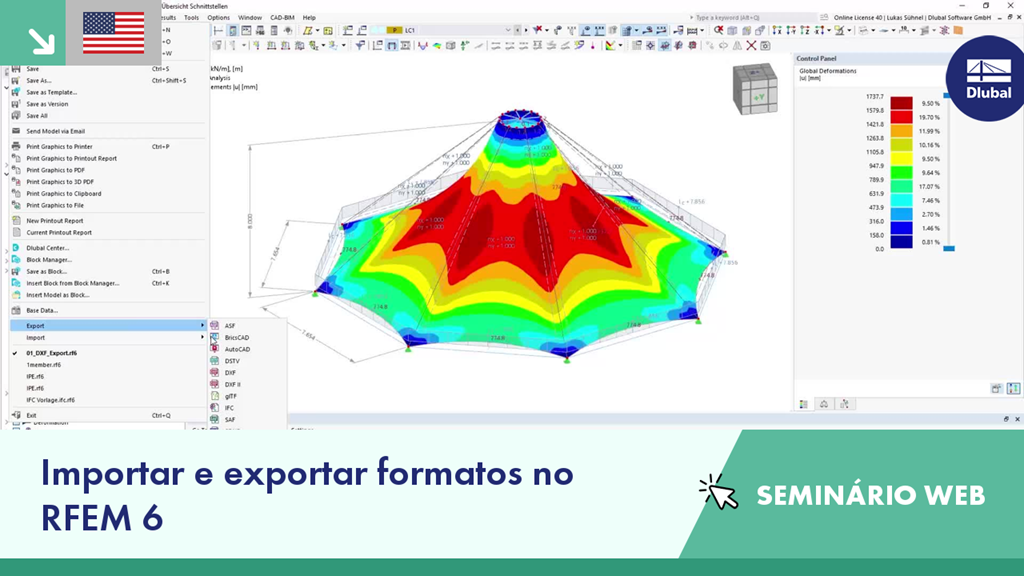 Imagem de webinar a mostrar importação-exportação do RFEM 6 com vista geral da interface técnica