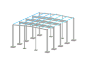 Pavilhão de betão com sapatas reforçadas isoladas e disposição detalhada da armadura para uma transferência ideal de cargas.