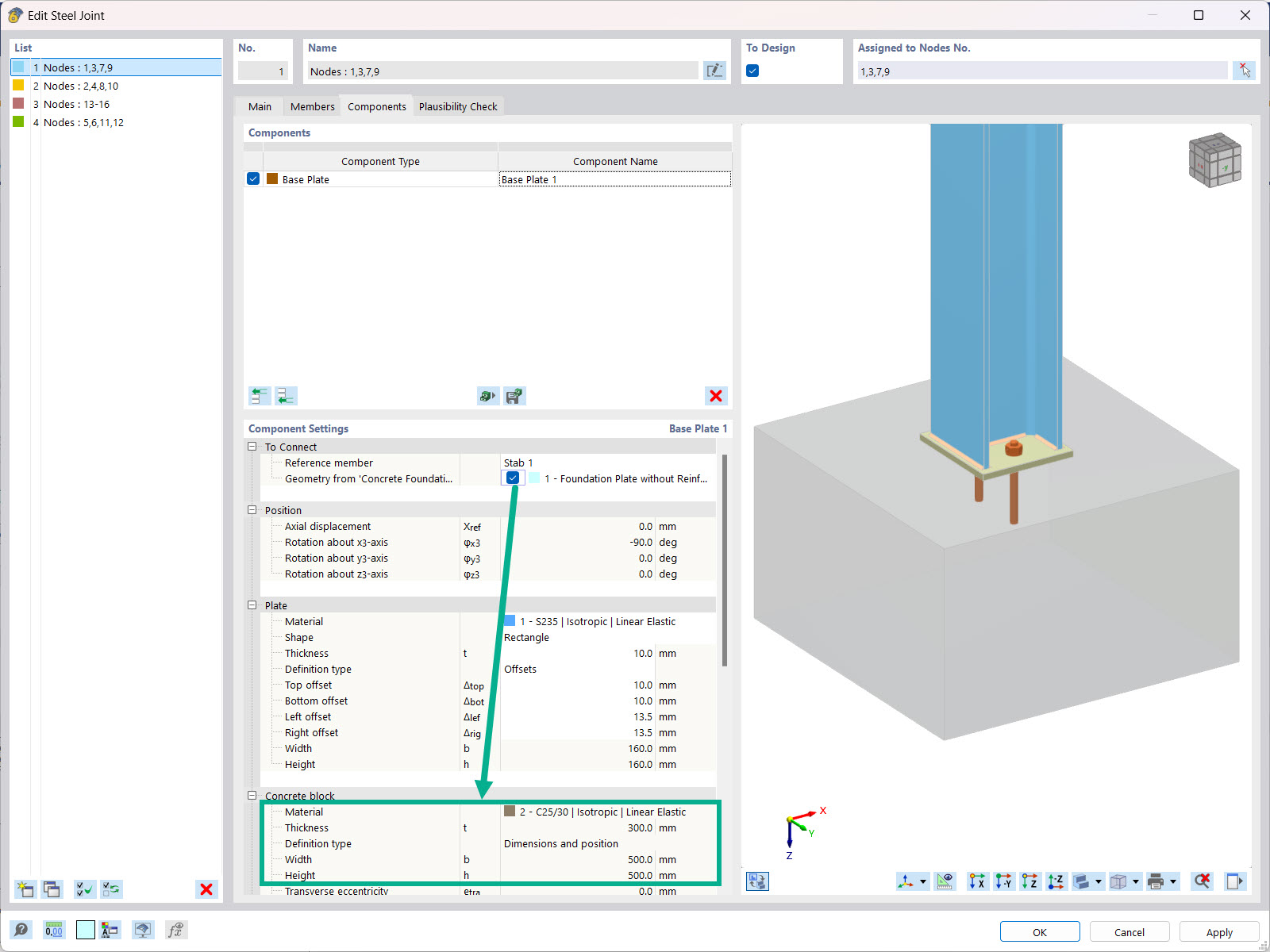 Vista da importação das dimensões da fundação na laje de base para o dimensionamento da fundação
