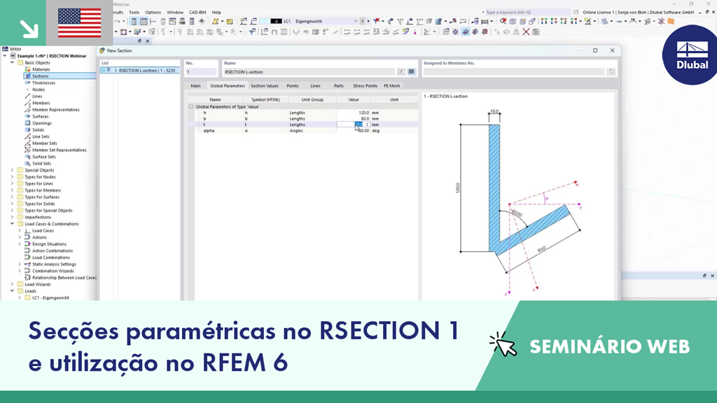 A imagem promove um seminário web sobre secções paramétricas no RSECTION 1 e utilização no RFEM 6.