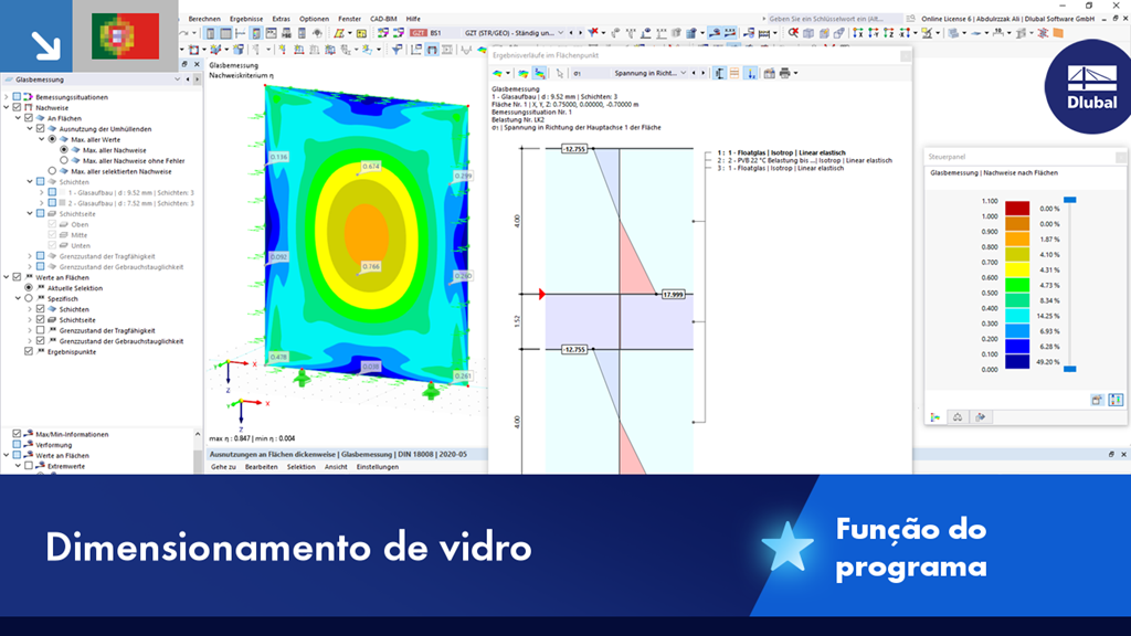 Vista detalhada do dimensionamento de vidro que ilustra as propriedades estruturais e as cargas do vidro.