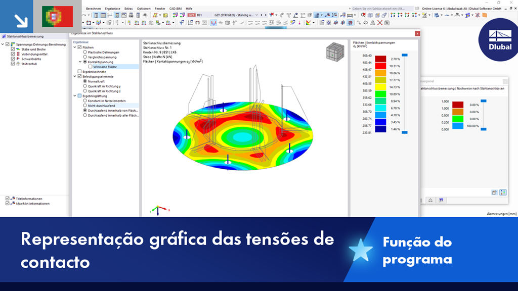 Representação de tensões de contacto numa estrutura, detalhada graficamente com gradações de cores.