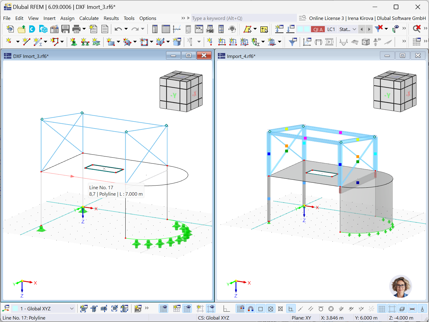 Comparação da importação do objeto 3DFace de DXF para o RFEM 6 com e sem a opção de superfície.