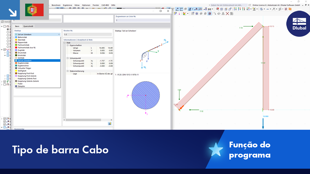 Representação do tipo de barra "Cabo nas superfícies", destacado em modelação estrutural para análise de tensão ampliada.