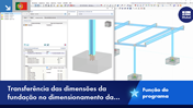 Visualização da introdução de dimensões individuais de fundação no dimensionamento de base de pilar num software. Captura de ecrã de uma caixa de diálogo com campos de entrada opcionais para parâmetros como largura, comprimento e profundidade. Existem indicações visuais para a utilização destes parâmetros no cálculo estrutural. Modelo de software profissional para suporte na análise estrutural.