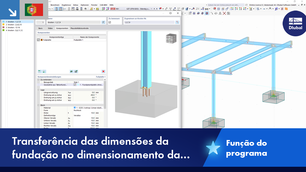 Visualização da introdução de dimensões individuais de fundação no dimensionamento de base de pilar num software. Captura de ecrã de uma caixa de diálogo com campos de entrada opcionais para parâmetros como largura, comprimento e profundidade. Existem indicações visuais para a utilização destes parâmetros no cálculo estrutural. Modelo de software profissional para suporte na análise estrutural.