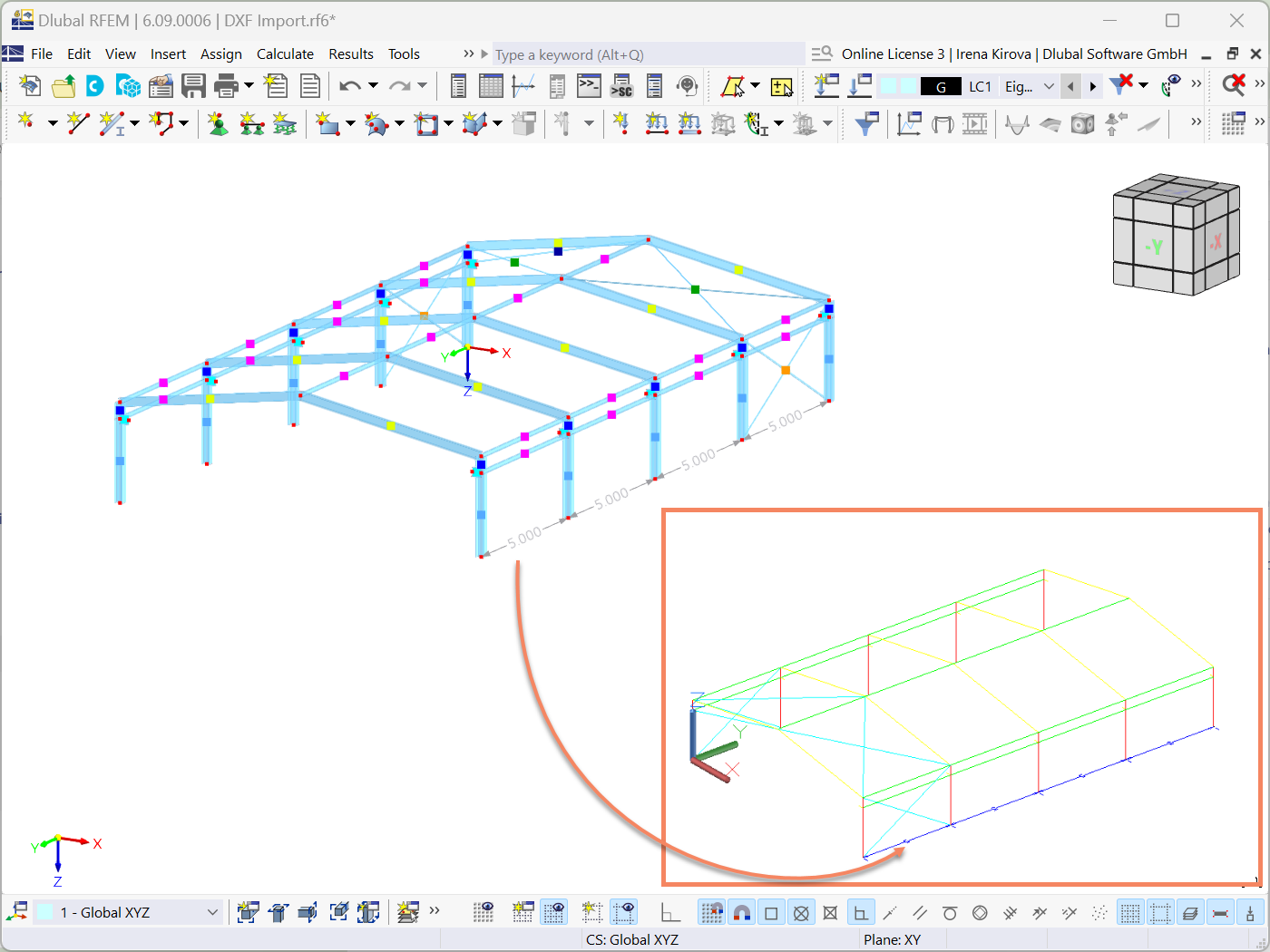 A opção de exportar dimensões ao exportar dados do RFEM 6 para ficheiros DXF é destacada, mostrando a sua integração e interface de definições.
