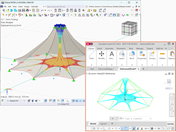 A imagem mostra a funcionalidade do RFEM 6 de exportar formas deformadas como faces 3D para ficheiros DXF para análise estrutural avançada e partilha.