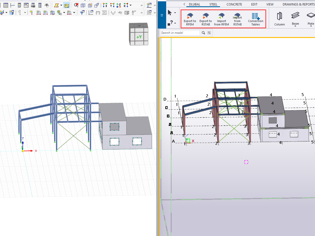 Ilustração da troca de dados entre Tekla Structures e RFEM 6 na área de engenharia