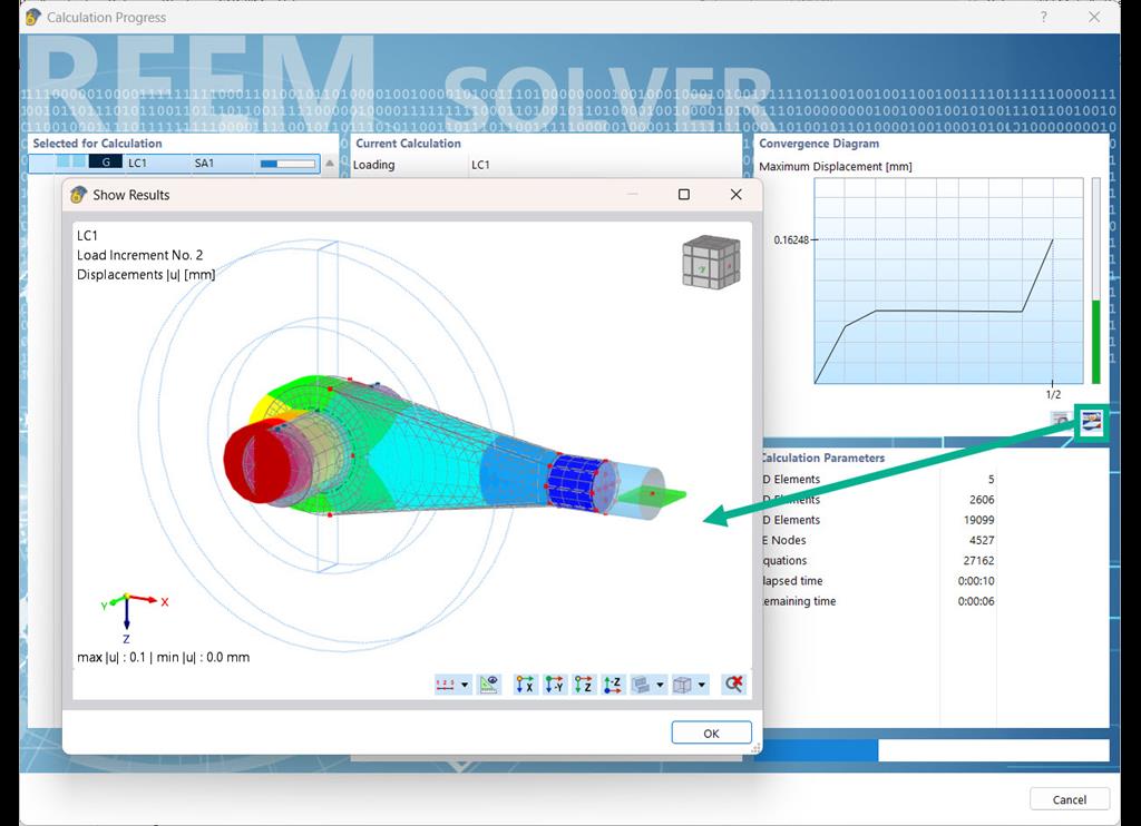 Representação de deformações do modelo na janela de progresso de cálculo do programa.