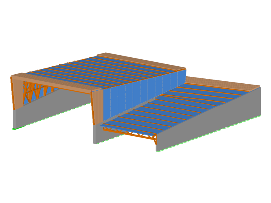 Modelo estrutural 3D da estação de saída de um teleférico 3S ilustrando cargas de vento e neve