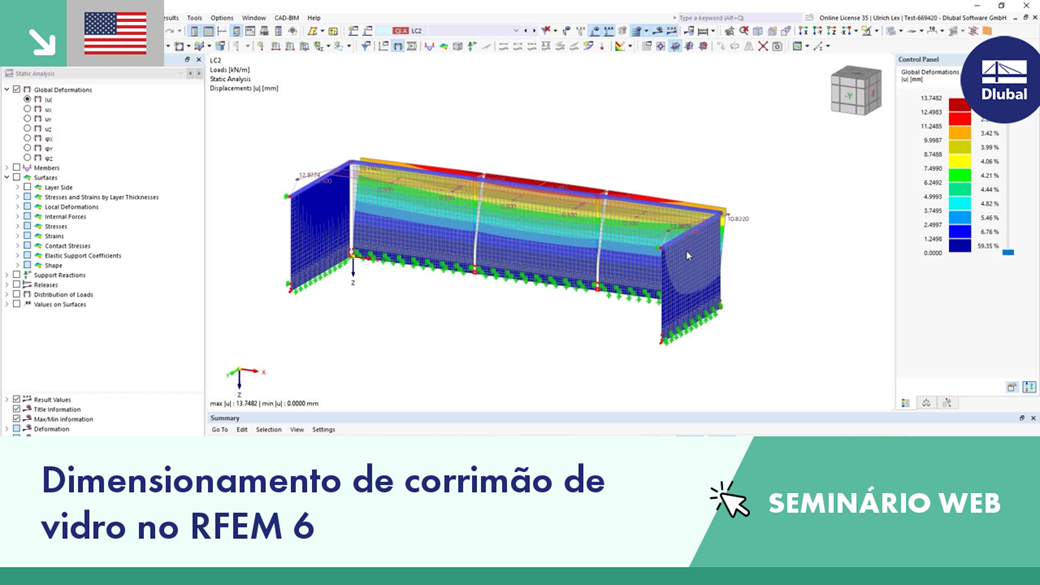 Vista geral do seminário web sobre o dimensionamento de guarda-corpos de vidro no RFEM 6 demonstrando o cálculo estrutural.