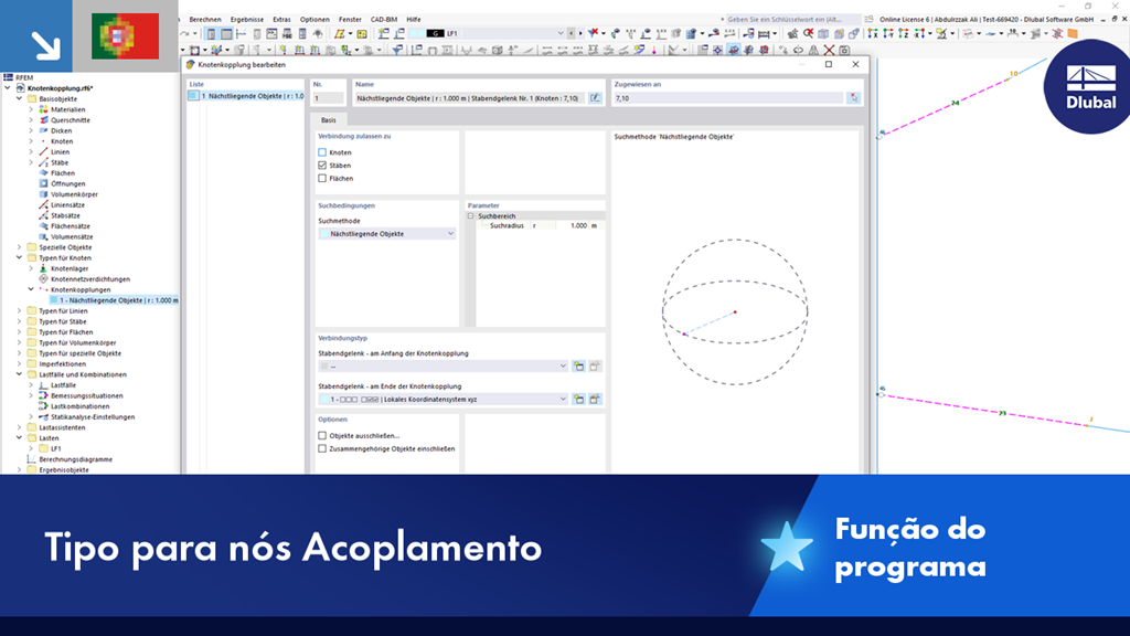 Visualização do acoplamento de nós num modelo estrutural.